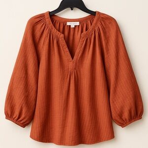 Evereve Orange Puff Sleeve Blouse with Ruched Neckline